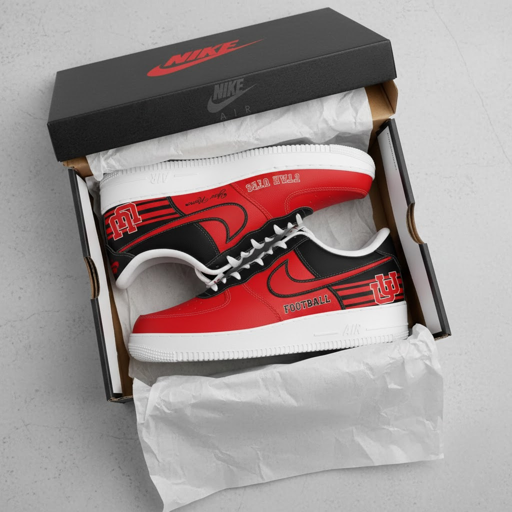 Utah Utes "Throwback Black" Custom Air Force 1 Sneakers – Red & White Accents - LeagueLockerGear