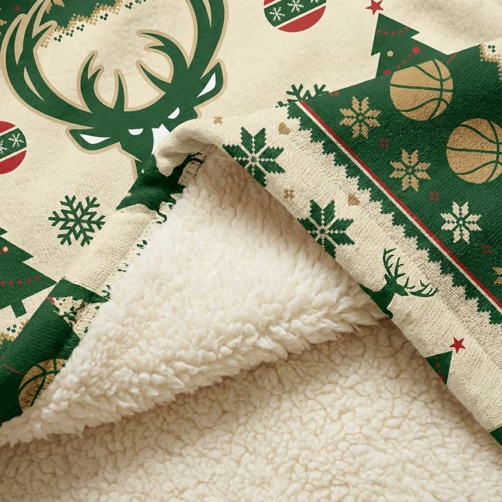Milwaukee Bucks NBA Sherpa Hoodie Blanket – “Fear The Deer” Majestic Christmas Pattern Wearable Blanket - LeagueLockerGear