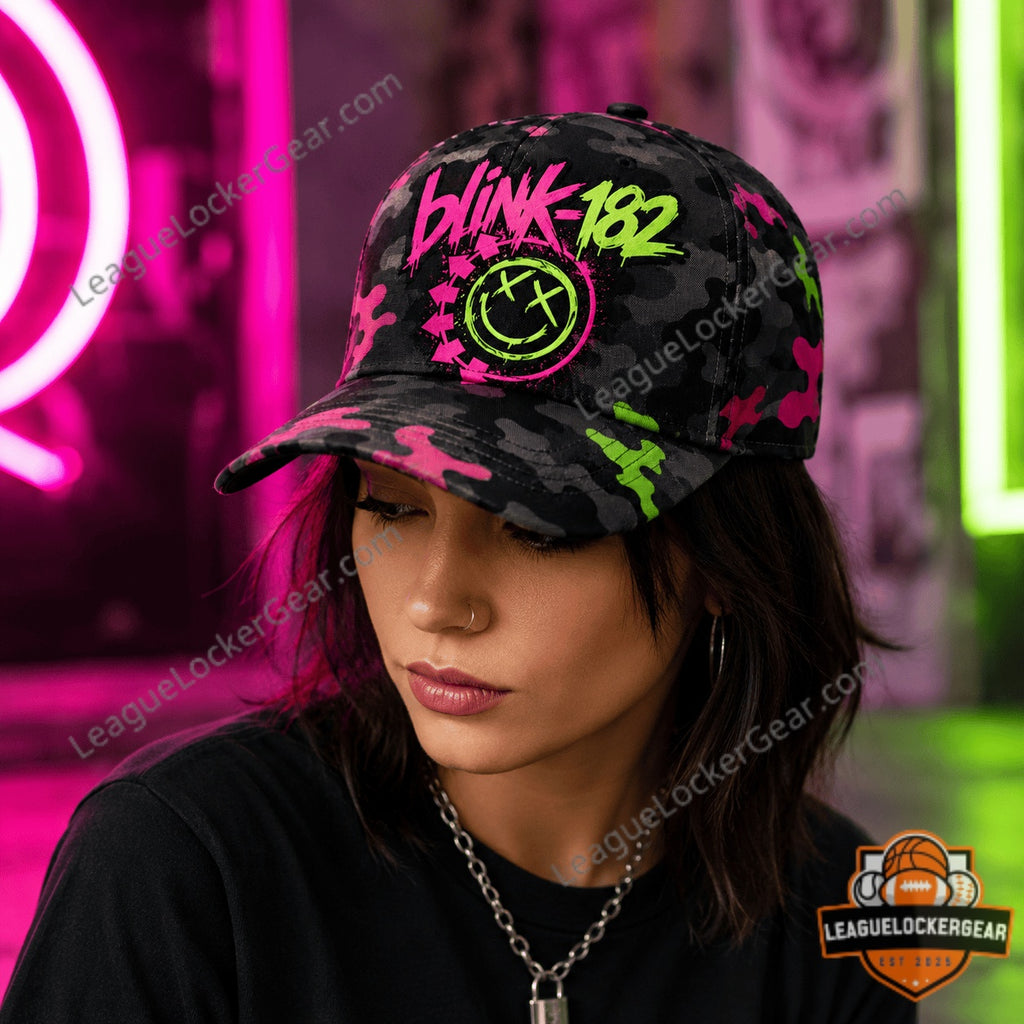 blink-182 Neon Chaos Smiley Camo Pop Punk Cap | League Locker Gear