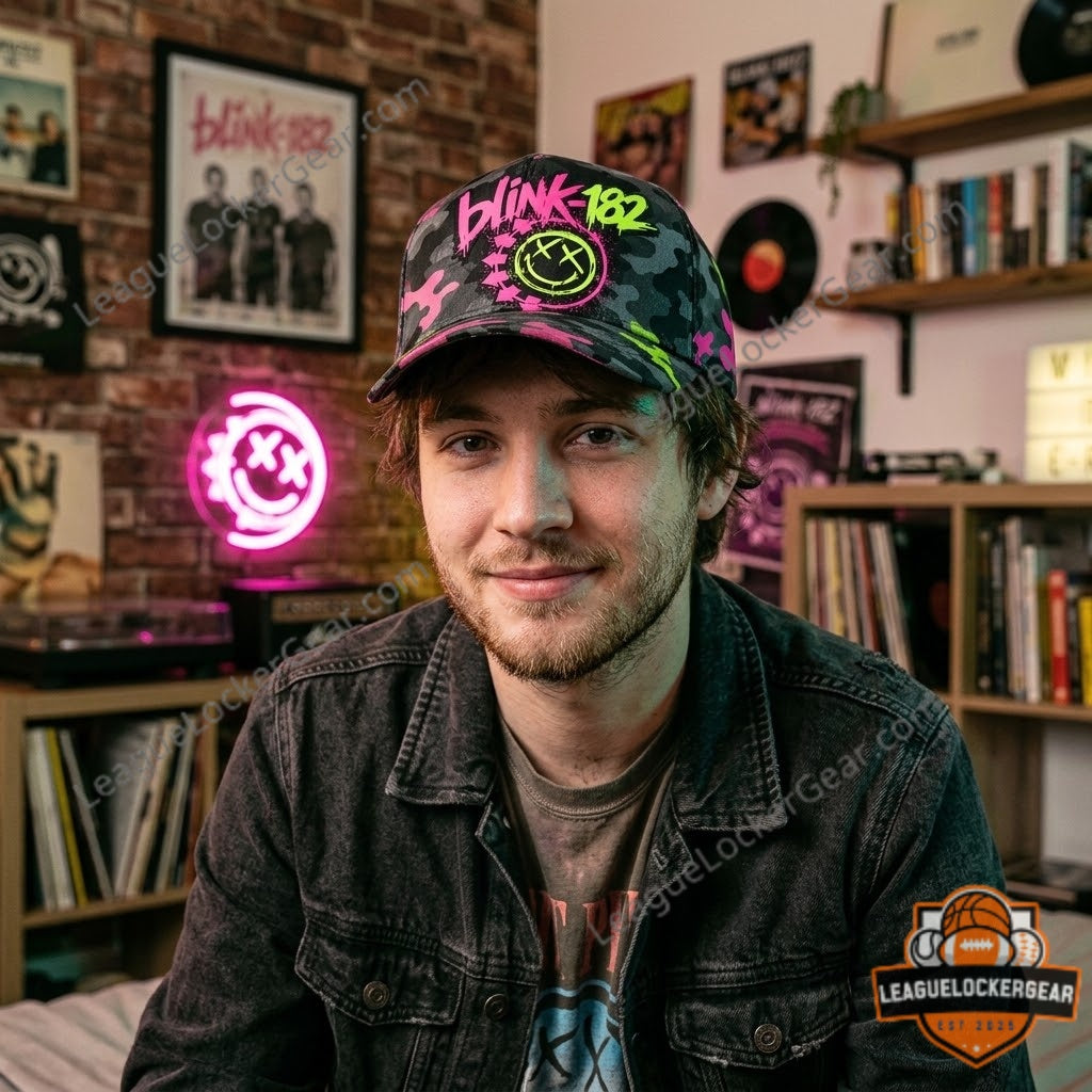 blink-182 Neon Chaos Smiley Camo Pop Punk Cap | League Locker Gear