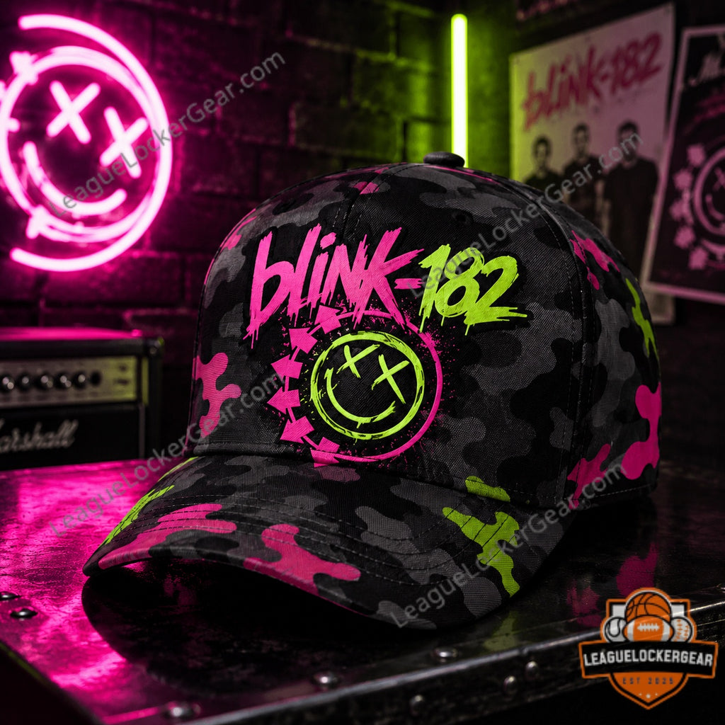 blink-182 Neon Chaos Smiley Camo Pop Punk Cap | League Locker Gear