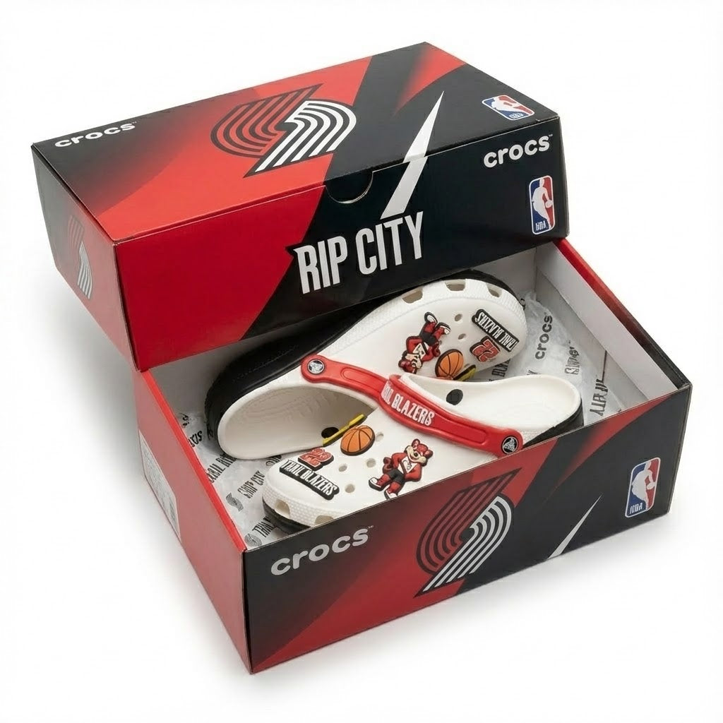 Portland Trail Blazers NBA Crocs Clogs – “Rip City” White Red Aggressive Fan Footwear - LeagueLockerGear