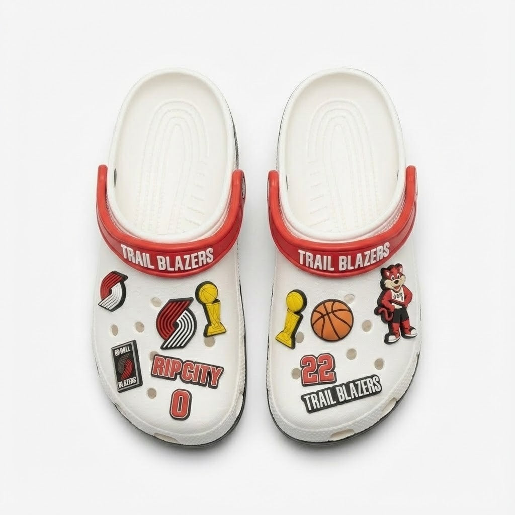 Portland Trail Blazers NBA Crocs Clogs – “Rip City” White Red Aggressive Fan Footwear - LeagueLockerGear