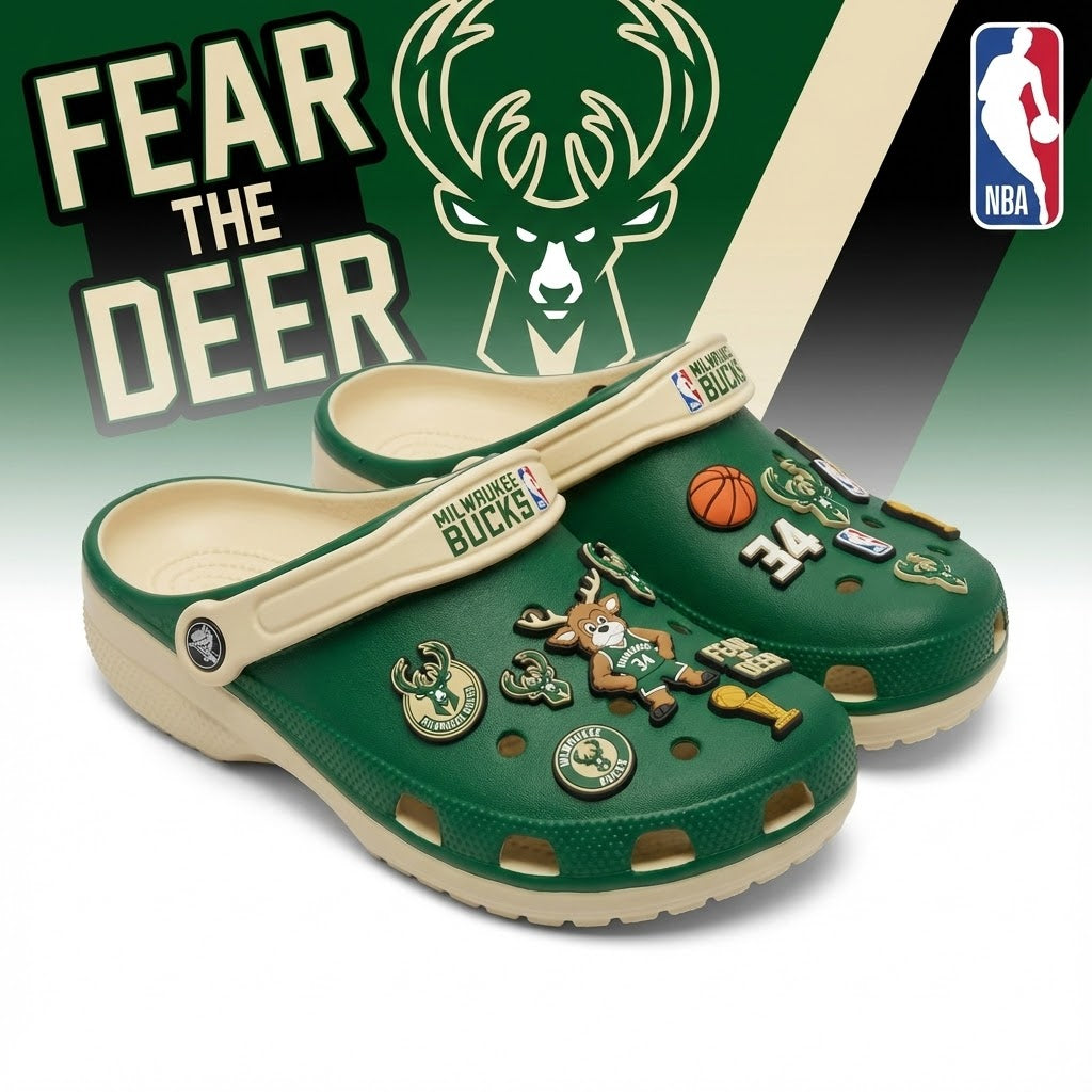 Milwaukee Bucks NBA Crocs Clogs – “Fear The Deer” Green Cream Dominating Fan Footwear - LeagueLockerGear