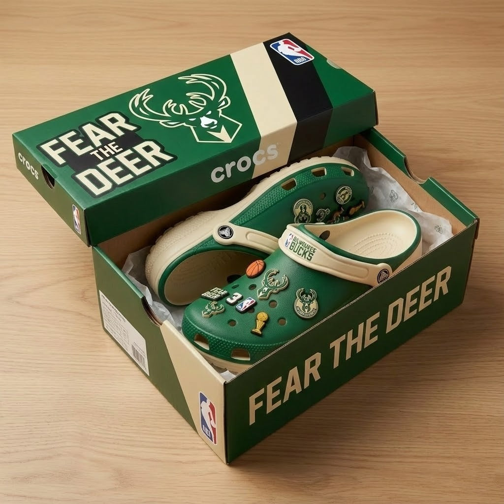 Milwaukee Bucks NBA Crocs Clogs – “Fear The Deer” Green Cream Dominating Fan Footwear - LeagueLockerGear