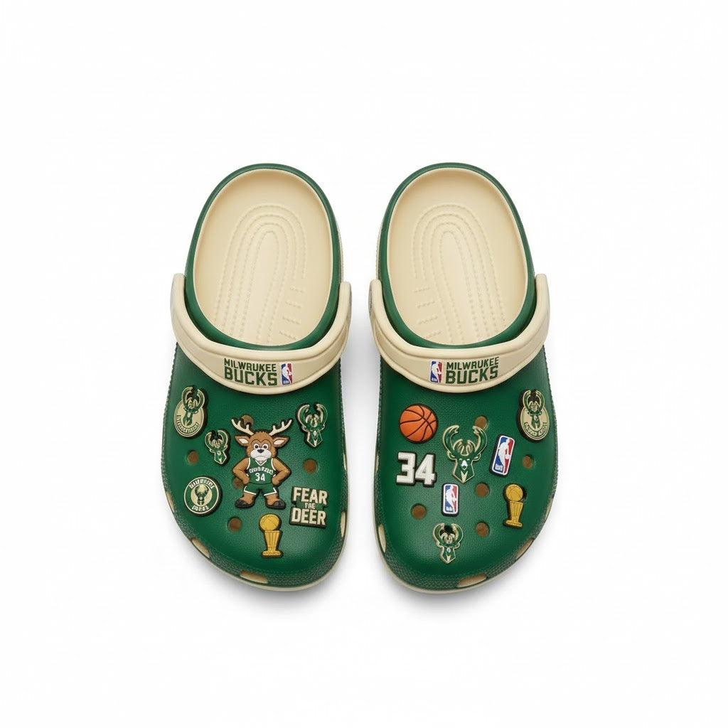 Milwaukee Bucks NBA Crocs Clogs – “Fear The Deer” Green Cream Dominating Fan Footwear - LeagueLockerGear