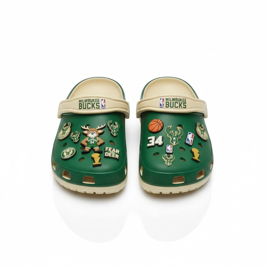 Milwaukee Bucks NBA Crocs Clogs – “Fear The Deer” Green Cream Dominating Fan Footwear - LeagueLockerGear