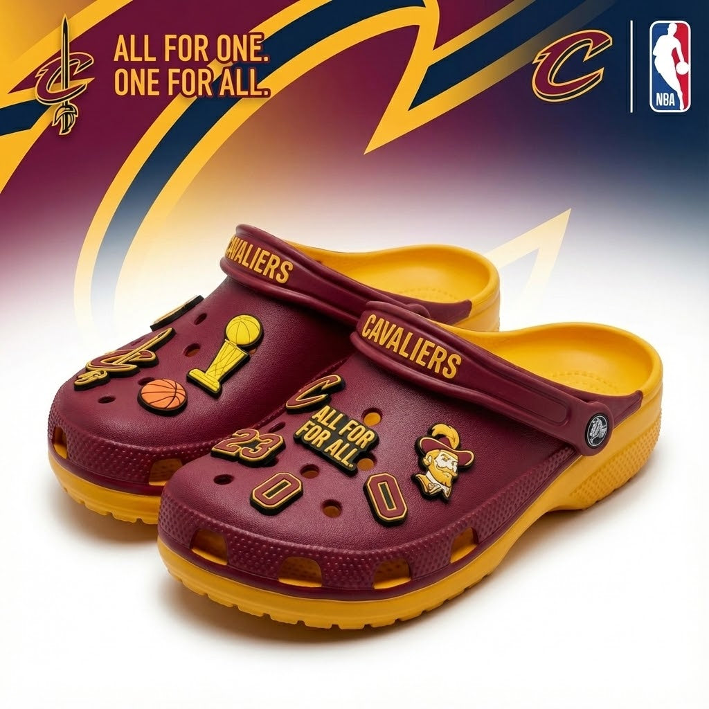 Cleveland Cavaliers NBA Crocs Clogs – “All For One” Wine Gold Ferocious Fan Footwear - LeagueLockerGear