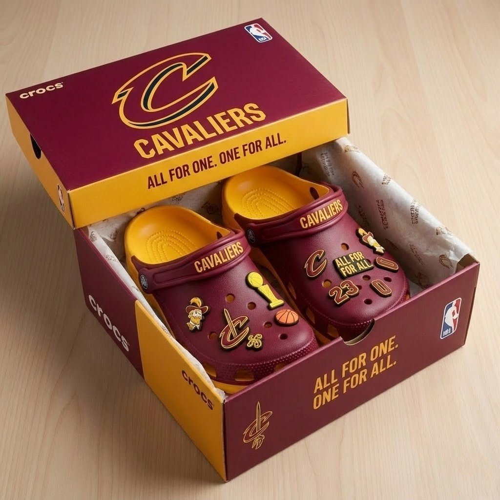 Cleveland Cavaliers NBA Crocs Clogs – “All For One” Wine Gold Ferocious Fan Footwear - LeagueLockerGear