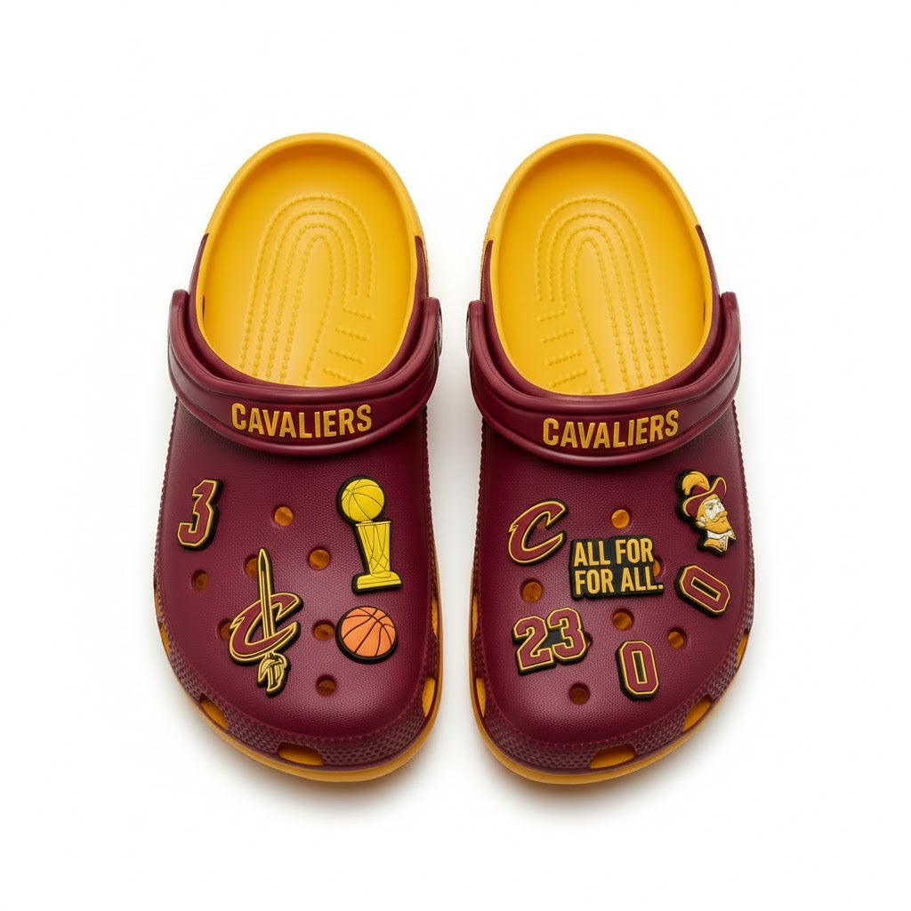 Cleveland Cavaliers NBA Crocs Clogs – “All For One” Wine Gold Ferocious Fan Footwear - LeagueLockerGear
