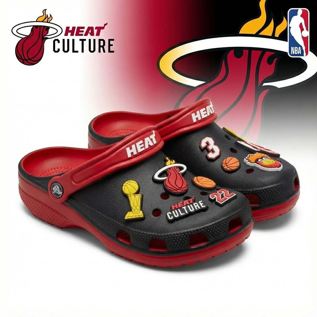 Miami Heat NBA Crocs Clogs – “Heat Culture” Black Red Intense Jibbitz Set - LeagueLockerGear