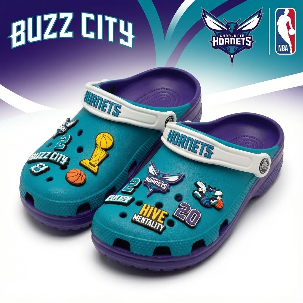 Charlotte Hornets NBA Crocs Clogs – “Buzz City” Teal Purple High-Flying Jibbitz Set - LeagueLockerGear