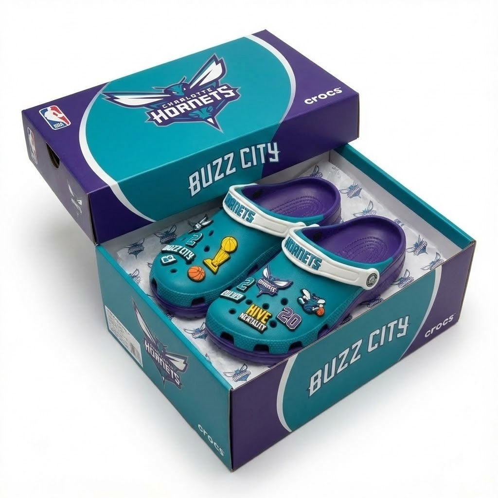 Charlotte Hornets NBA Crocs Clogs – “Buzz City” Teal Purple High-Flying Jibbitz Set - LeagueLockerGear