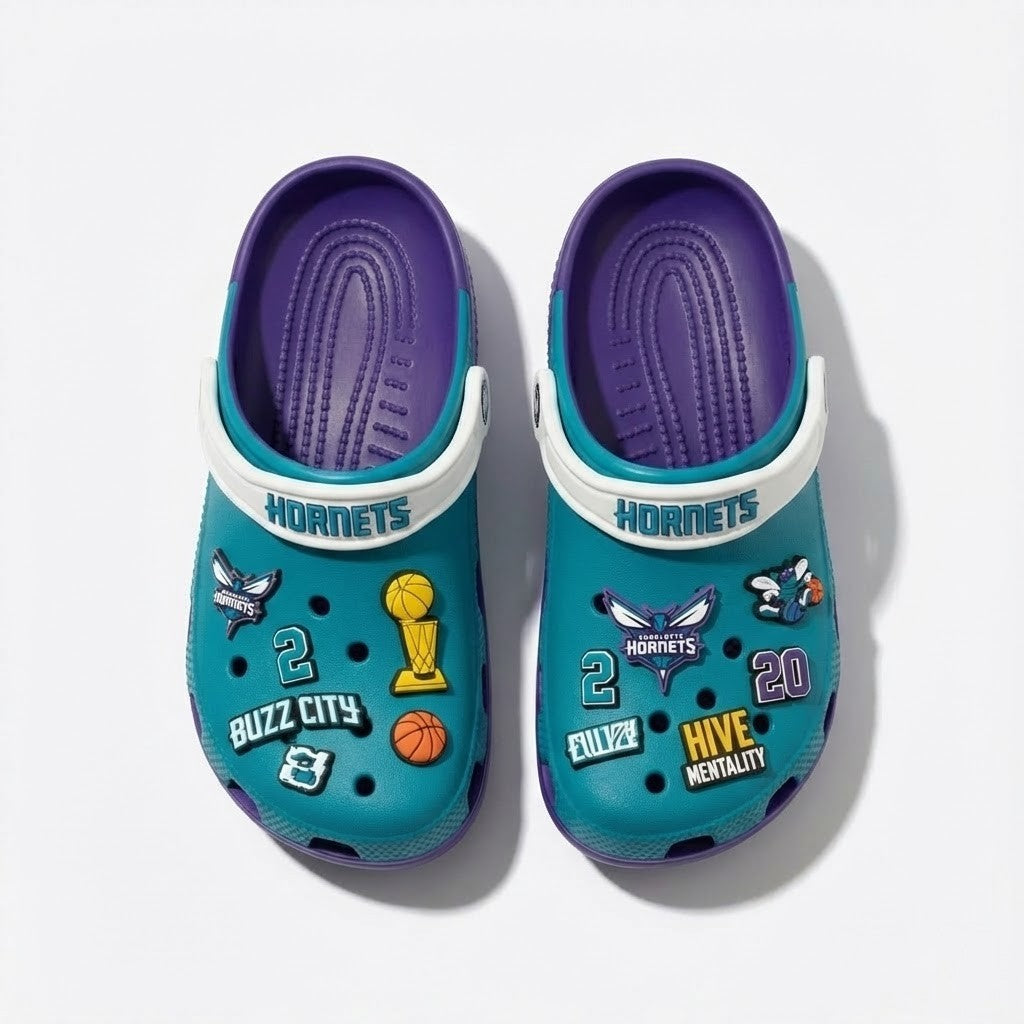 Charlotte Hornets NBA Crocs Clogs – “Buzz City” Teal Purple High-Flying Jibbitz Set - LeagueLockerGear