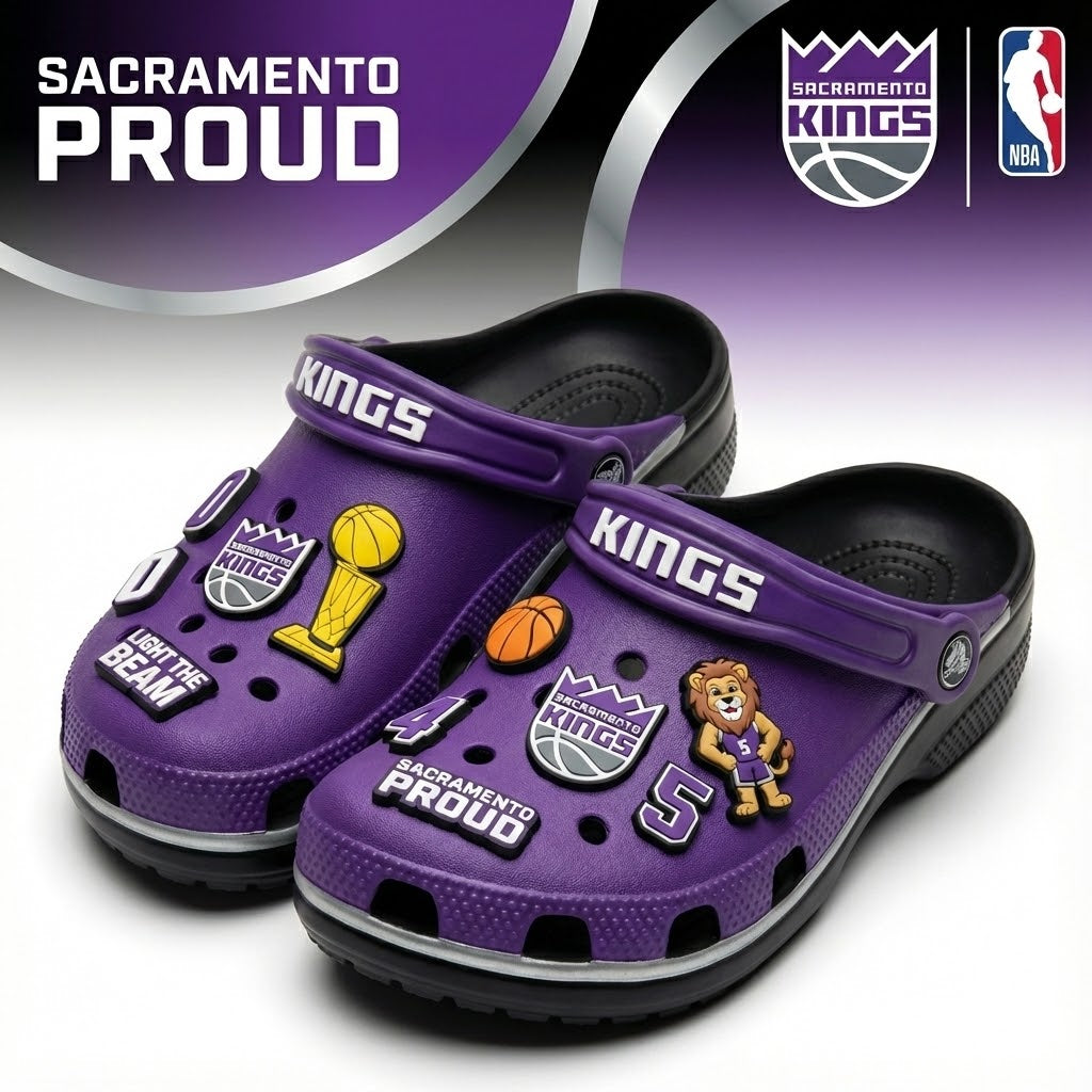 Sacramento Kings NBA Crocs Clogs – “Light The Beam” Royal Court Kicks - LeagueLockerGear