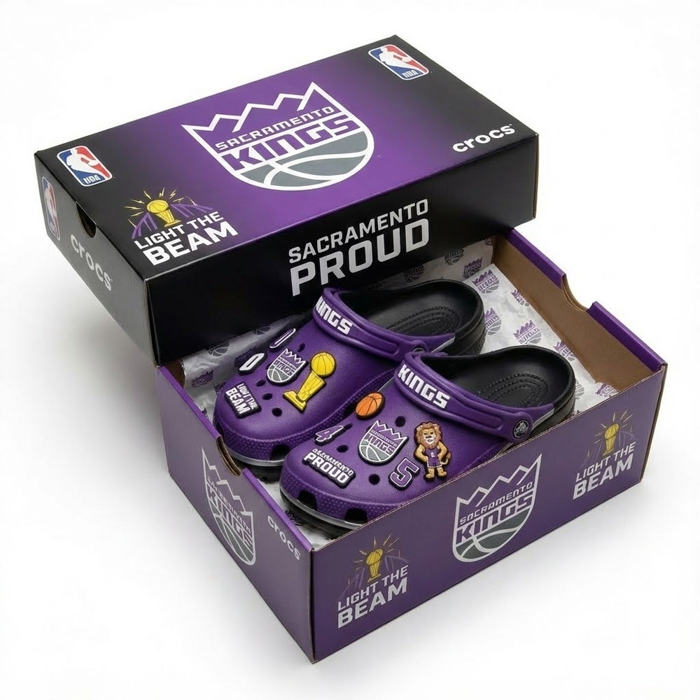 Sacramento Kings NBA Crocs Clogs – “Light The Beam” Royal Court Kicks - LeagueLockerGear