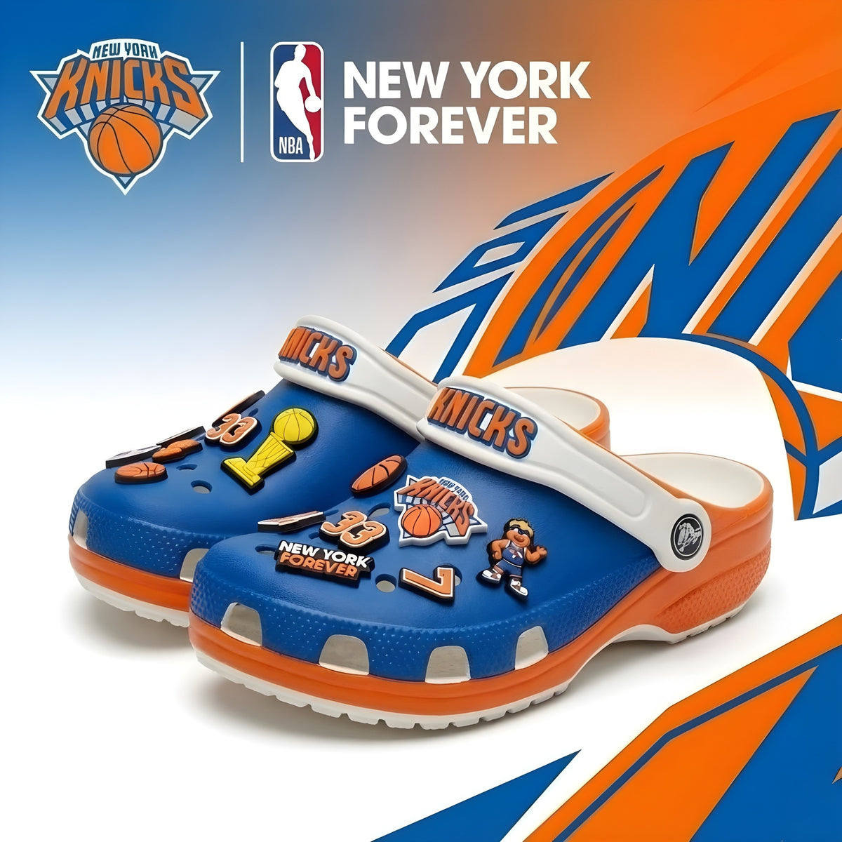 New York Knicks NBA Crocs Clogs – “New York Forever” Blue Orange Epic Jibbitz Set - LeagueLockerGear