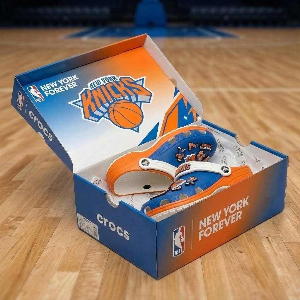 New York Knicks NBA Crocs Clogs – “New York Forever” Blue Orange Epic Jibbitz Set - LeagueLockerGear