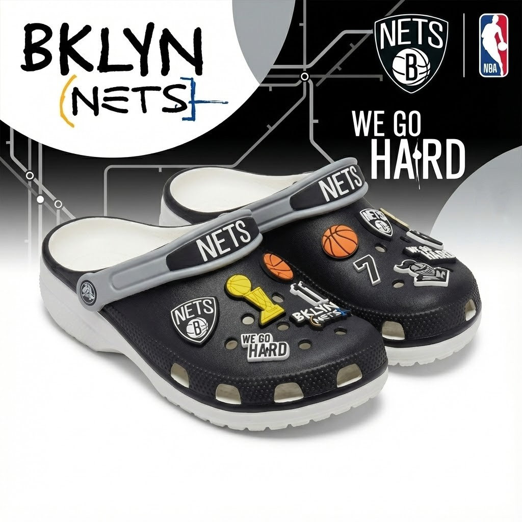 Brooklyn Nets NBA Crocs Clogs – “We Go Hard” Black White Relentless Jibbitz Set - LeagueLockerGear