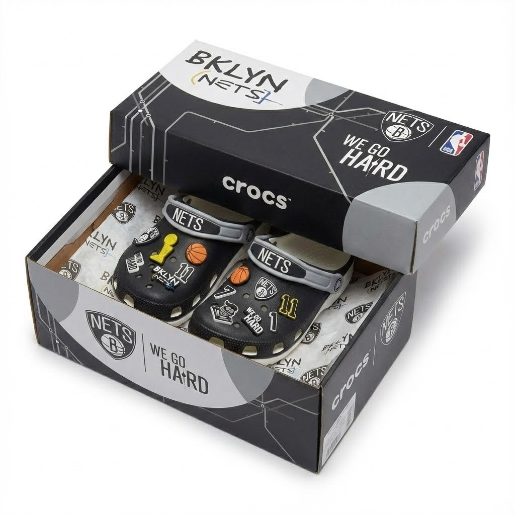 Brooklyn Nets NBA Crocs Clogs – “We Go Hard” Black White Relentless Jibbitz Set - LeagueLockerGear