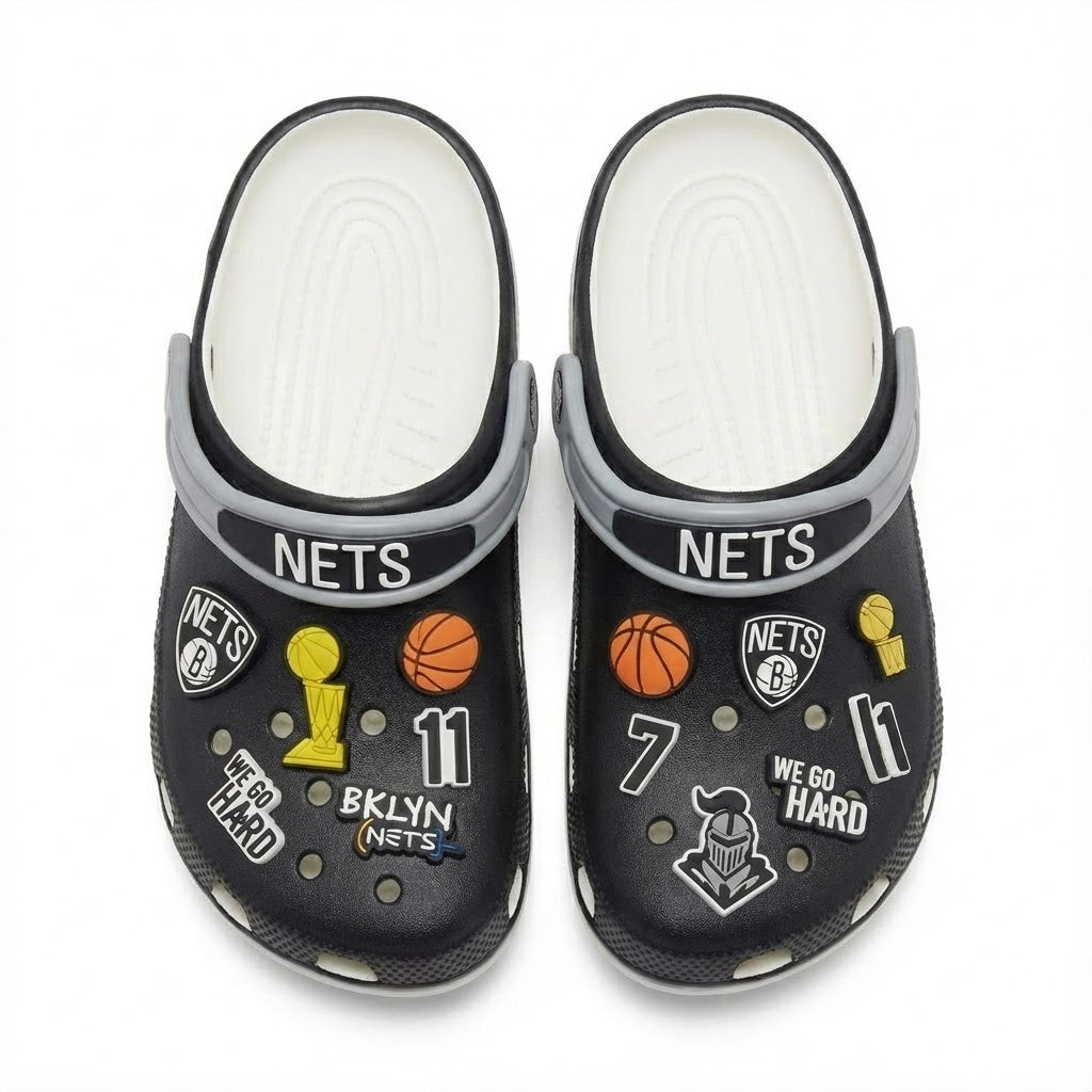 Brooklyn Nets NBA Crocs Clogs – “We Go Hard” Black White Relentless Jibbitz Set - LeagueLockerGear