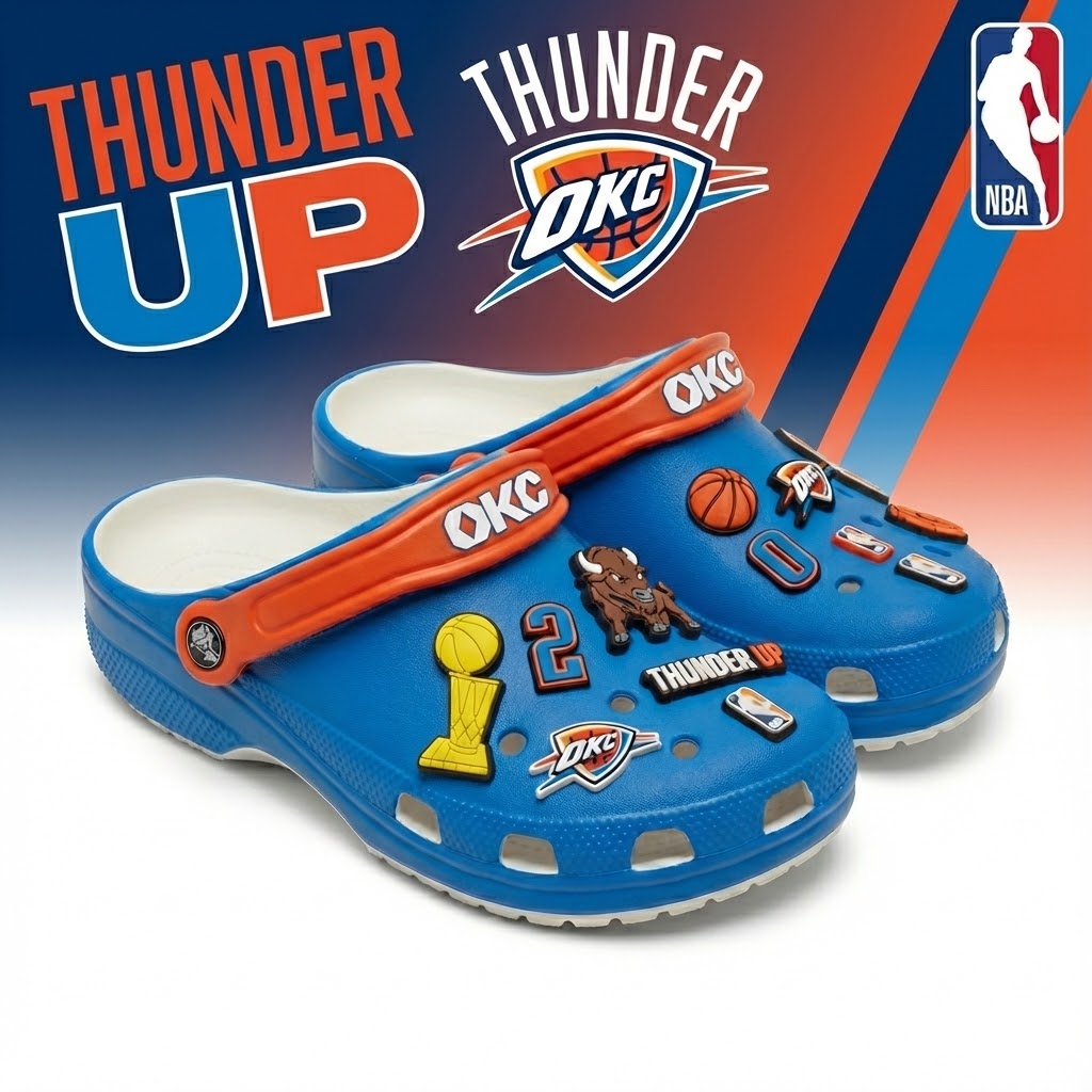 OKC Thunder NBA Crocs Clogs – “Thunder Up” Blue Orange Electrifying Jibbitz Set - LeagueLockerGear