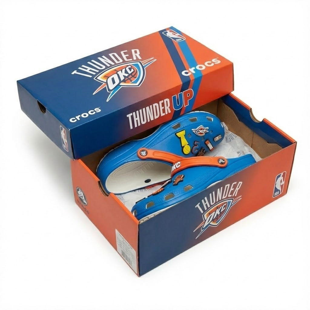 OKC Thunder NBA Crocs Clogs – “Thunder Up” Blue Orange Electrifying Jibbitz Set - LeagueLockerGear