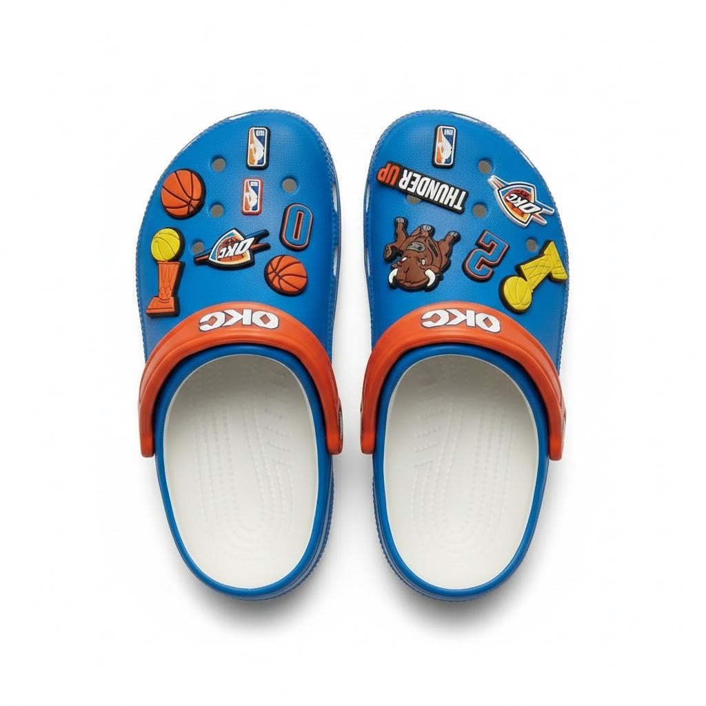 OKC Thunder NBA Crocs Clogs – “Thunder Up” Blue Orange Electrifying Jibbitz Set - LeagueLockerGear