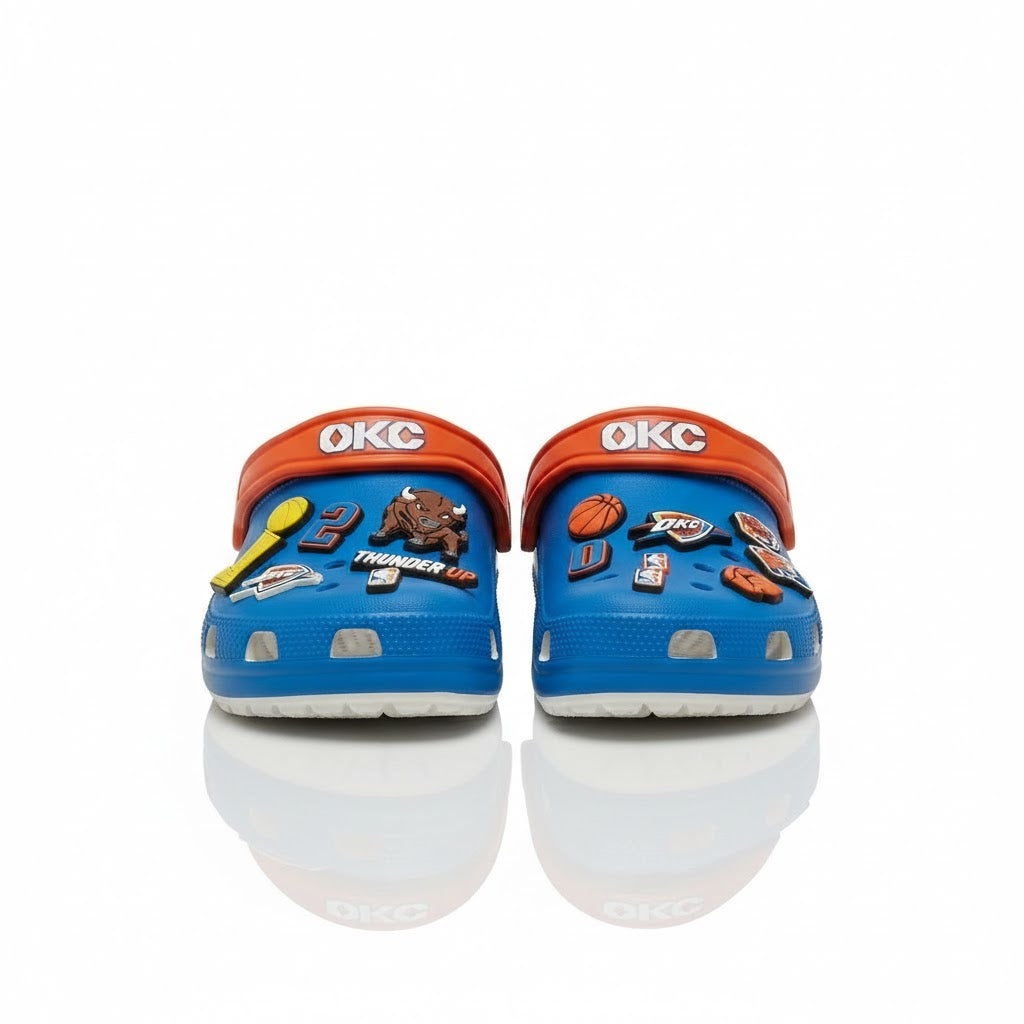 OKC Thunder NBA Crocs Clogs – “Thunder Up” Blue Orange Electrifying Jibbitz Set - LeagueLockerGear