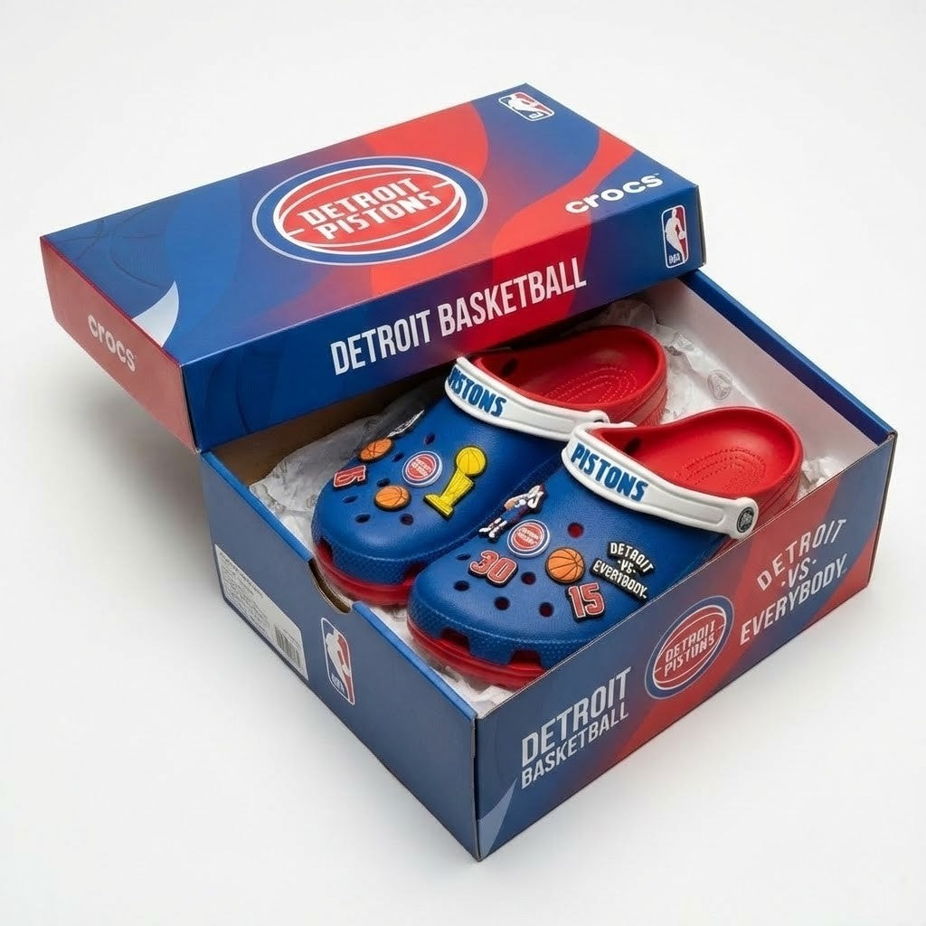 Detroit Pistons NBA Crocs Clogs – “Vs Everybody” Red Blue Piston Power Fan Footwear - LeagueLockerGear