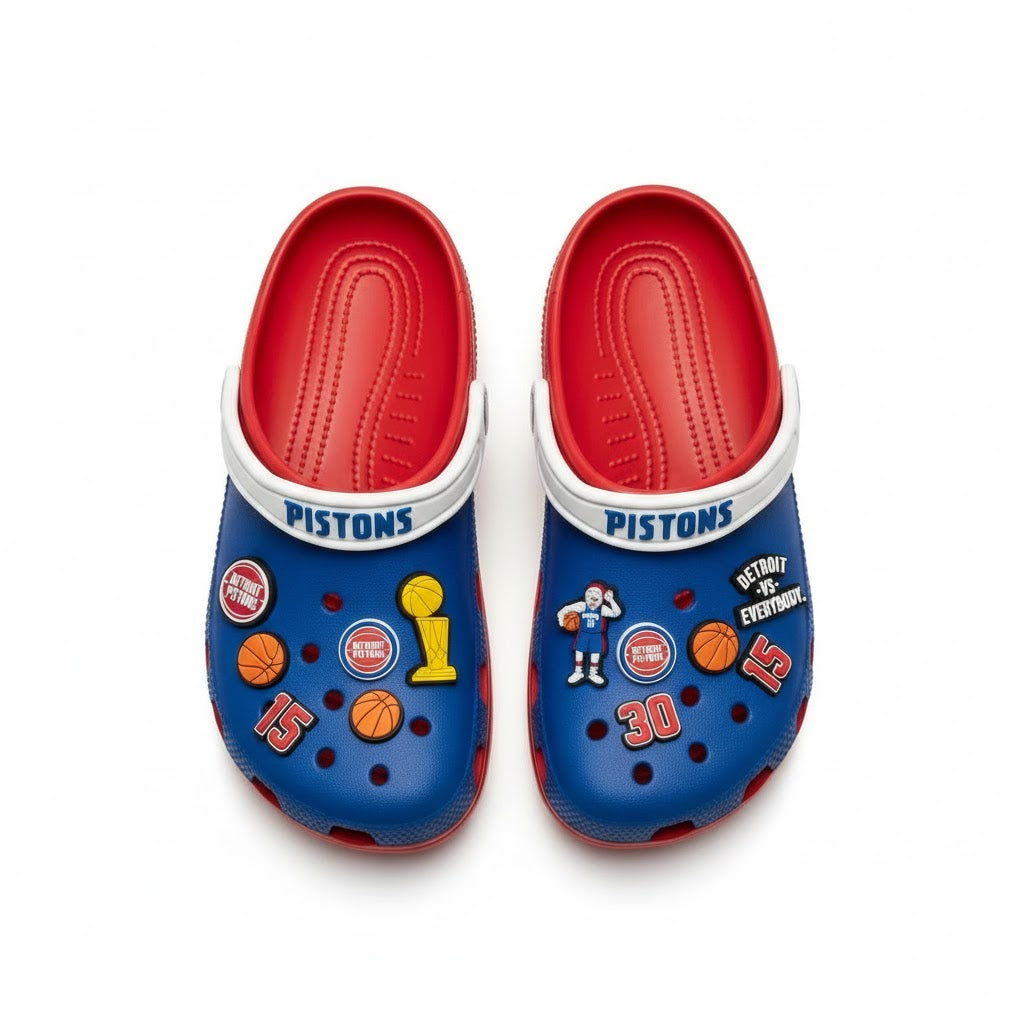 Detroit Pistons NBA Crocs Clogs – “Vs Everybody” Red Blue Piston Power Fan Footwear - LeagueLockerGear