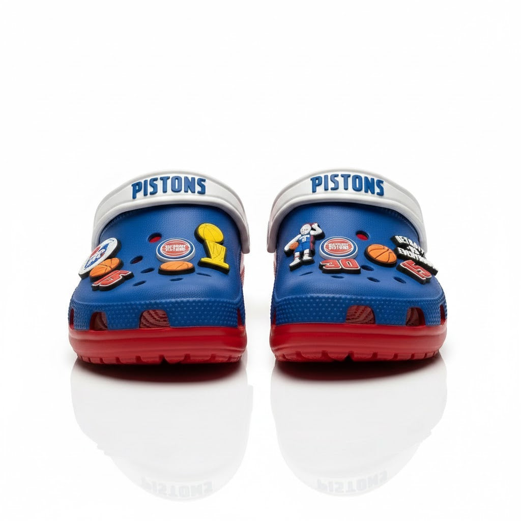 Detroit Pistons NBA Crocs Clogs – “Vs Everybody” Red Blue Piston Power Fan Footwear - LeagueLockerGear
