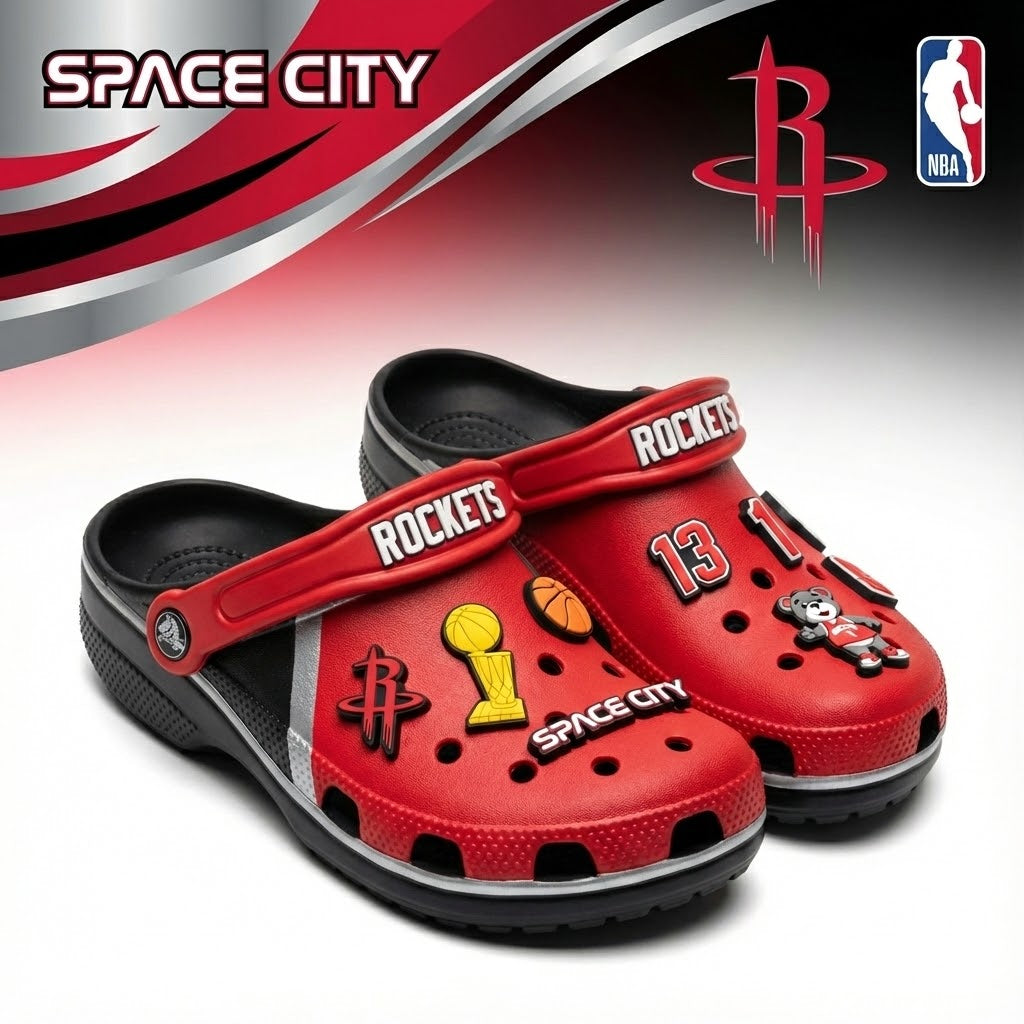 Houston Rockets NBA Crocs Clogs – “Space City” Red Black Explosive Jibbitz Set - LeagueLockerGear