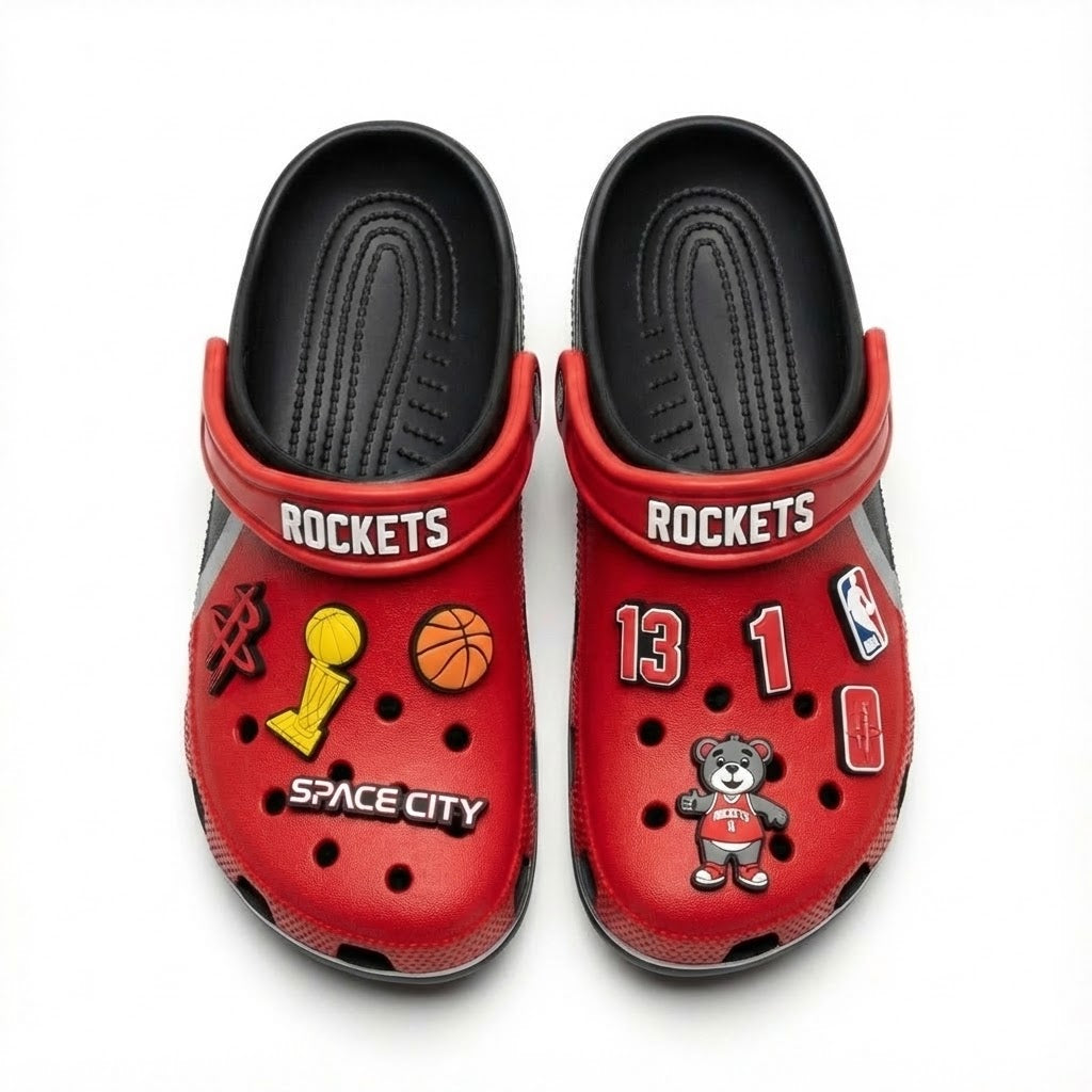 Houston Rockets NBA Crocs Clogs – “Space City” Red Black Explosive Jibbitz Set - LeagueLockerGear