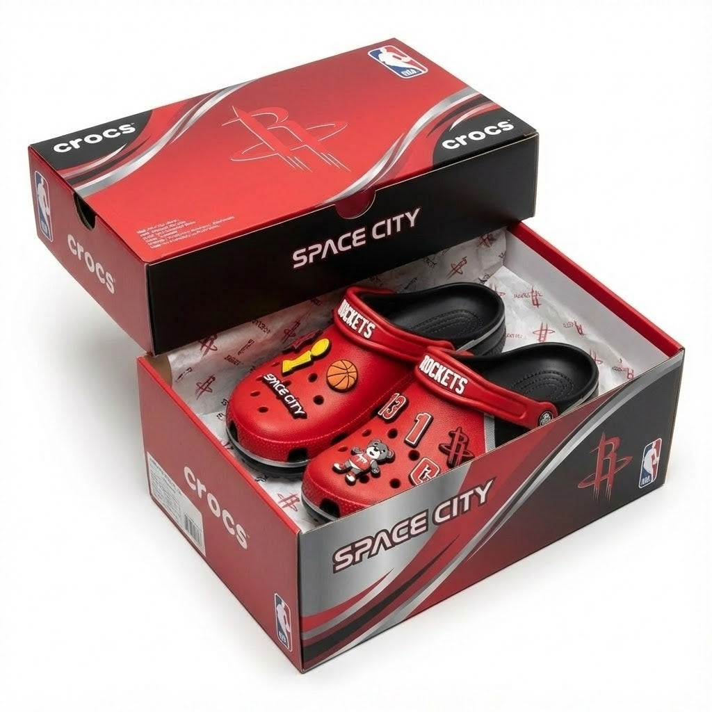 Houston Rockets NBA Crocs Clogs – “Space City” Red Black Explosive Jibbitz Set - LeagueLockerGear