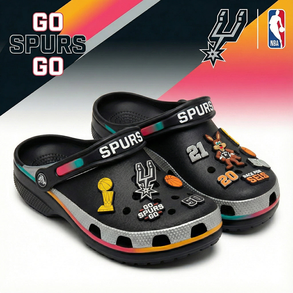 San Antonio Spurs NBA Crocs Clogs – “Go Spurs Go” Black Neon Legendary Fan Footwear - LeagueLockerGear