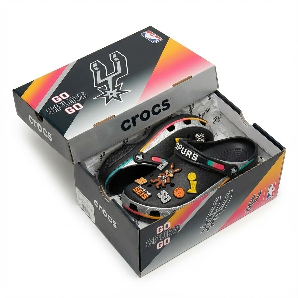 San Antonio Spurs NBA Crocs Clogs – “Go Spurs Go” Black Neon Legendary Fan Footwear - LeagueLockerGear