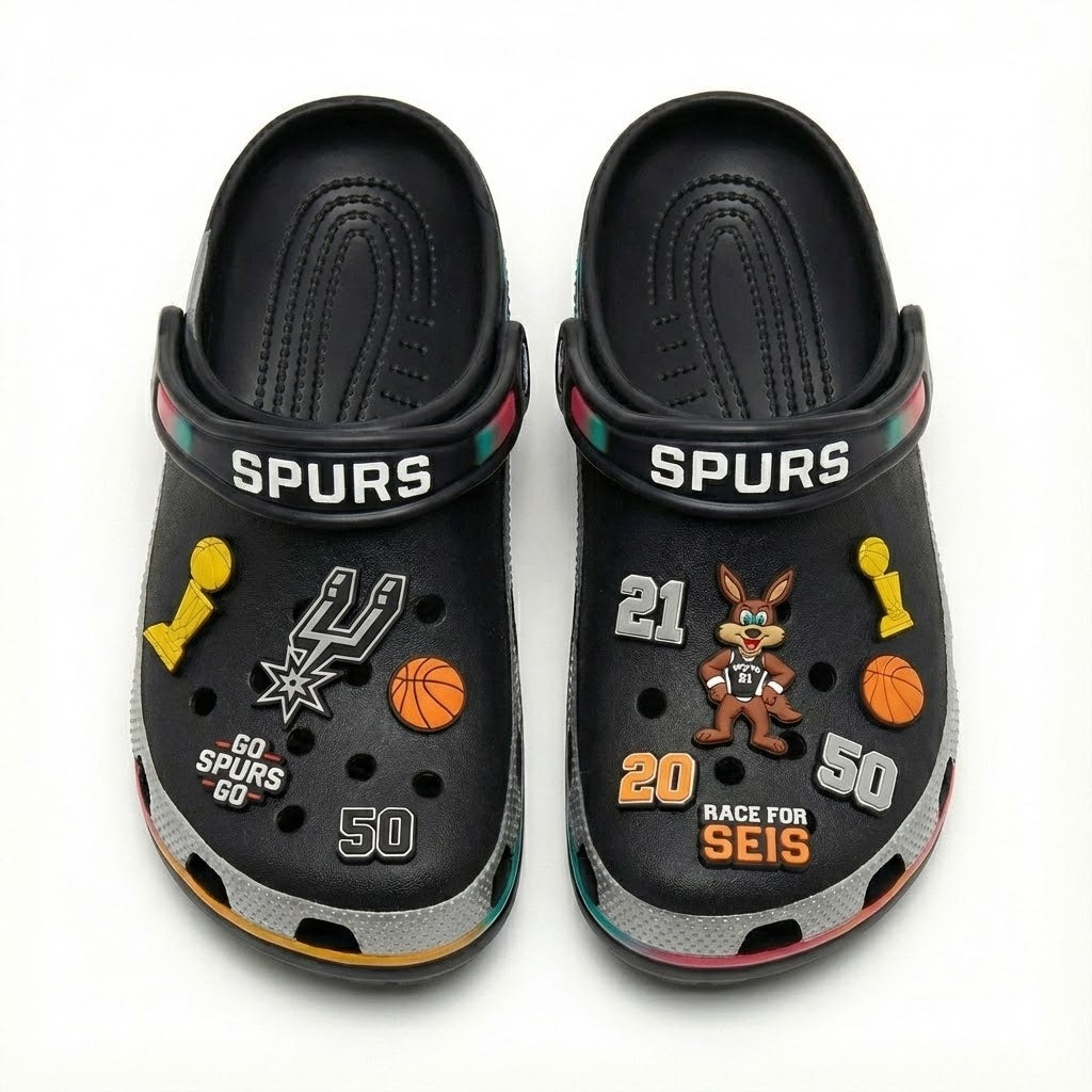 San Antonio Spurs NBA Crocs Clogs – “Go Spurs Go” Black Neon Legendary Fan Footwear - LeagueLockerGear