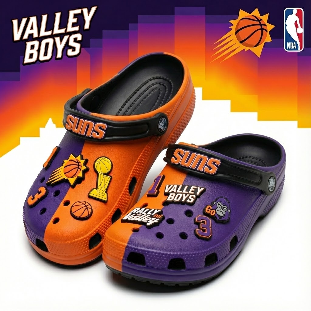 Phoenix Suns NBA Crocs Clogs – “Valley Boys” Purple Orange Blazing Fan Footwear - LeagueLockerGear