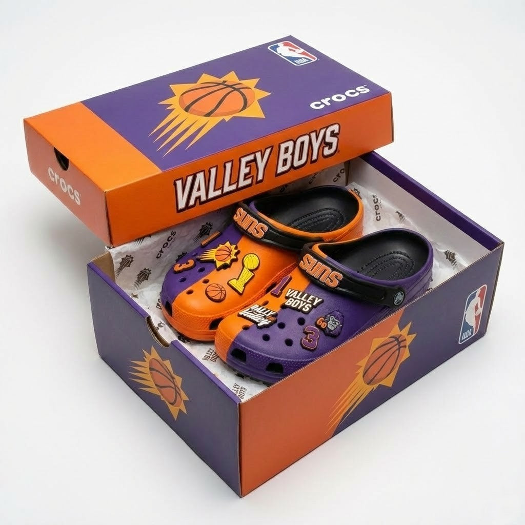 Phoenix Suns NBA Crocs Clogs – “Valley Boys” Purple Orange Blazing Fan Footwear - LeagueLockerGear