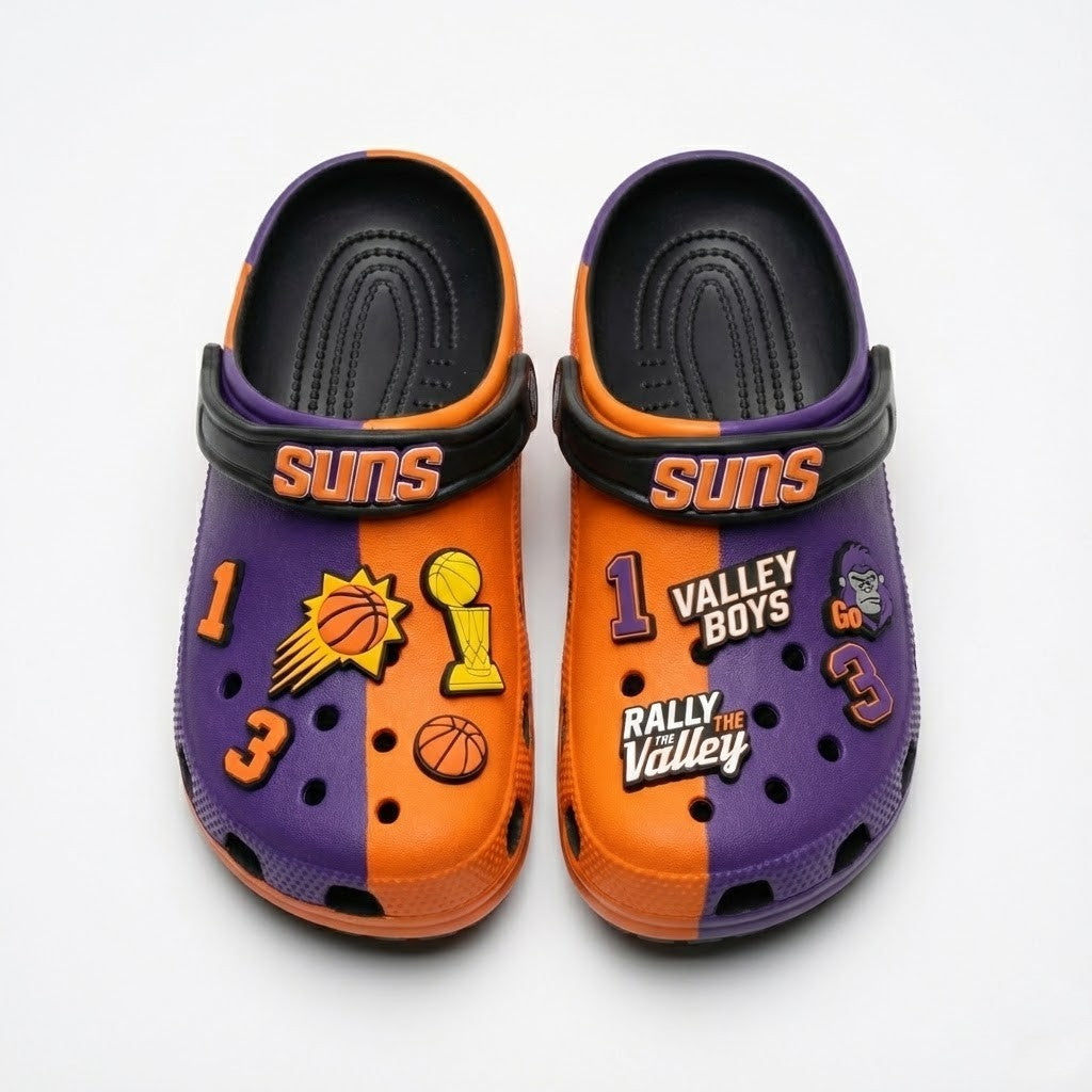 Phoenix Suns NBA Crocs Clogs – “Valley Boys” Purple Orange Blazing Fan Footwear - LeagueLockerGear