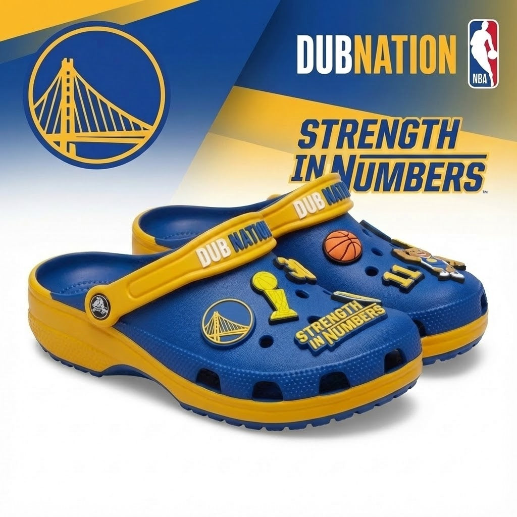 Golden State Warriors NBA Crocs Clogs – “Dub Nation” Blue Yellow Victorious Jibbitz Set - LeagueLockerGear