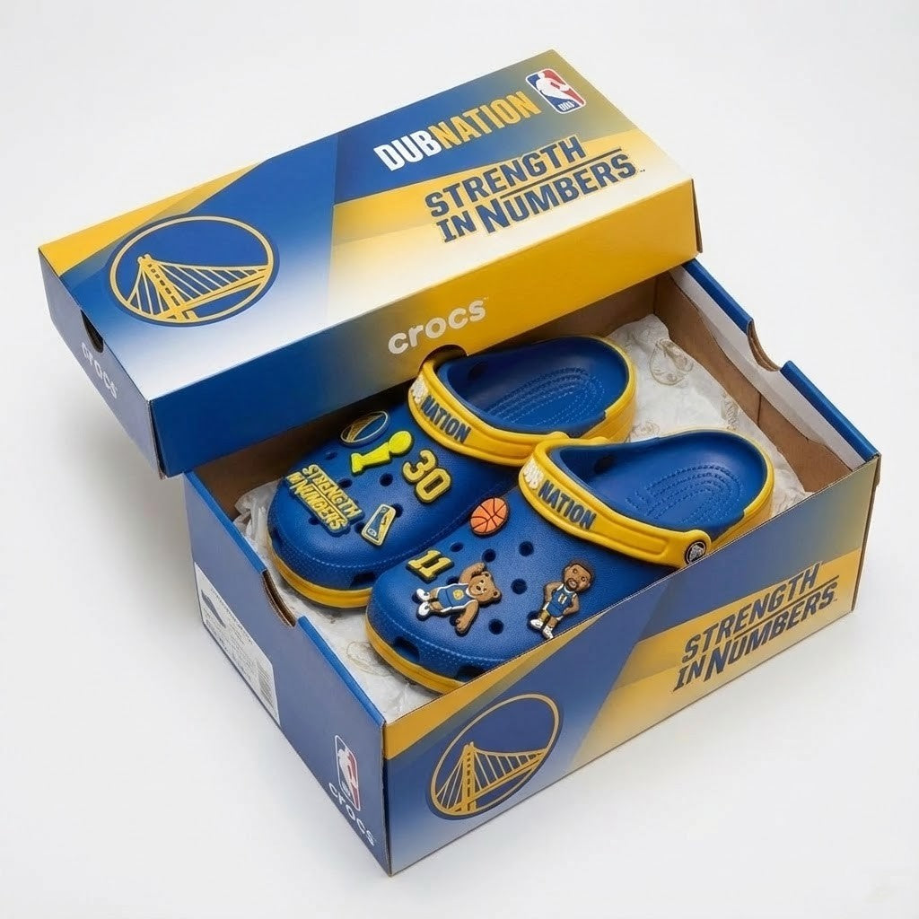 Golden State Warriors NBA Crocs Clogs – “Dub Nation” Blue Yellow Victorious Jibbitz Set - LeagueLockerGear