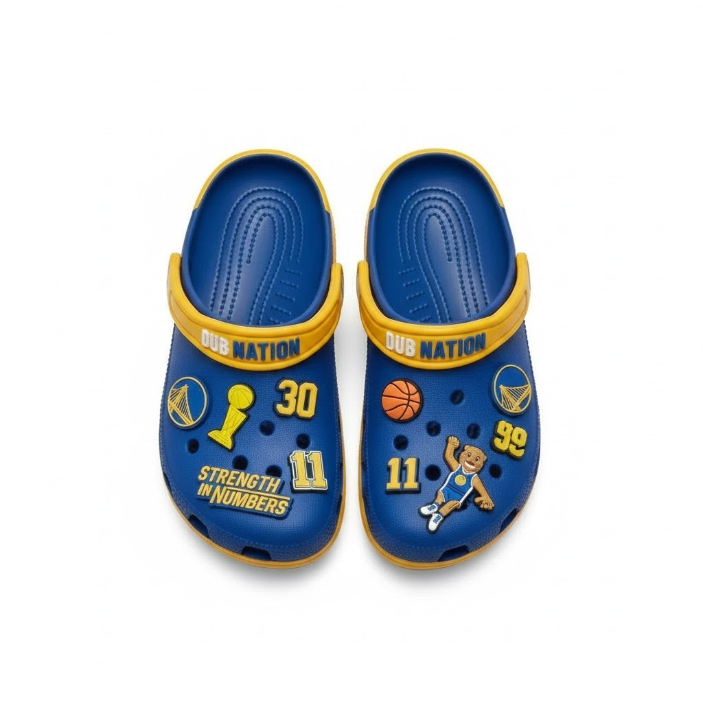 Golden State Warriors NBA Crocs Clogs – “Dub Nation” Blue Yellow Victorious Jibbitz Set - LeagueLockerGear