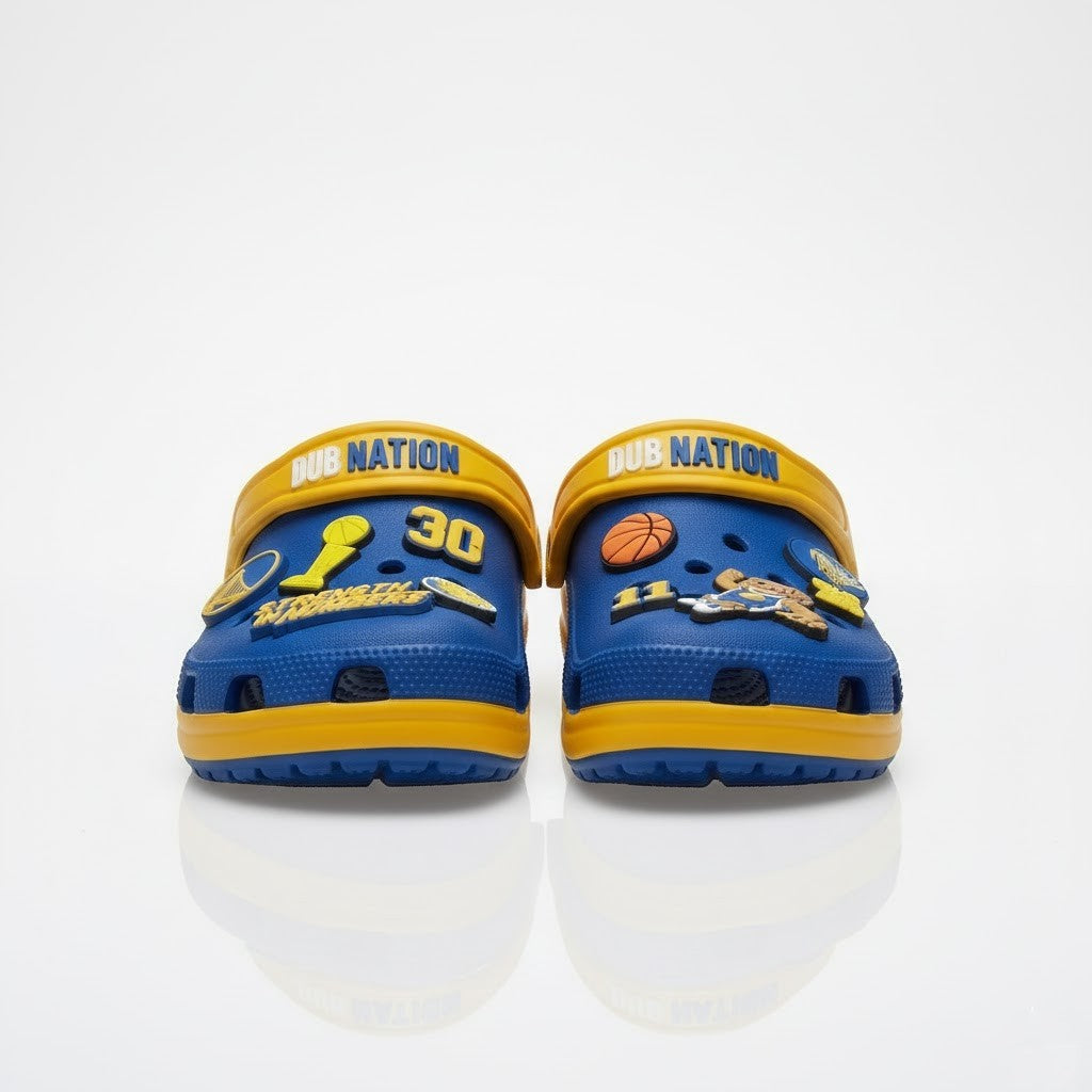Golden State Warriors NBA Crocs Clogs – “Dub Nation” Blue Yellow Victorious Jibbitz Set - LeagueLockerGear