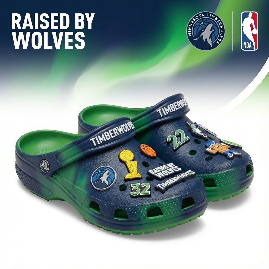 Minnesota Timberwolves NBA Crocs Clogs – “Raised By Wolves” Green Blue Ferocious Fan Footwear - LeagueLockerGear