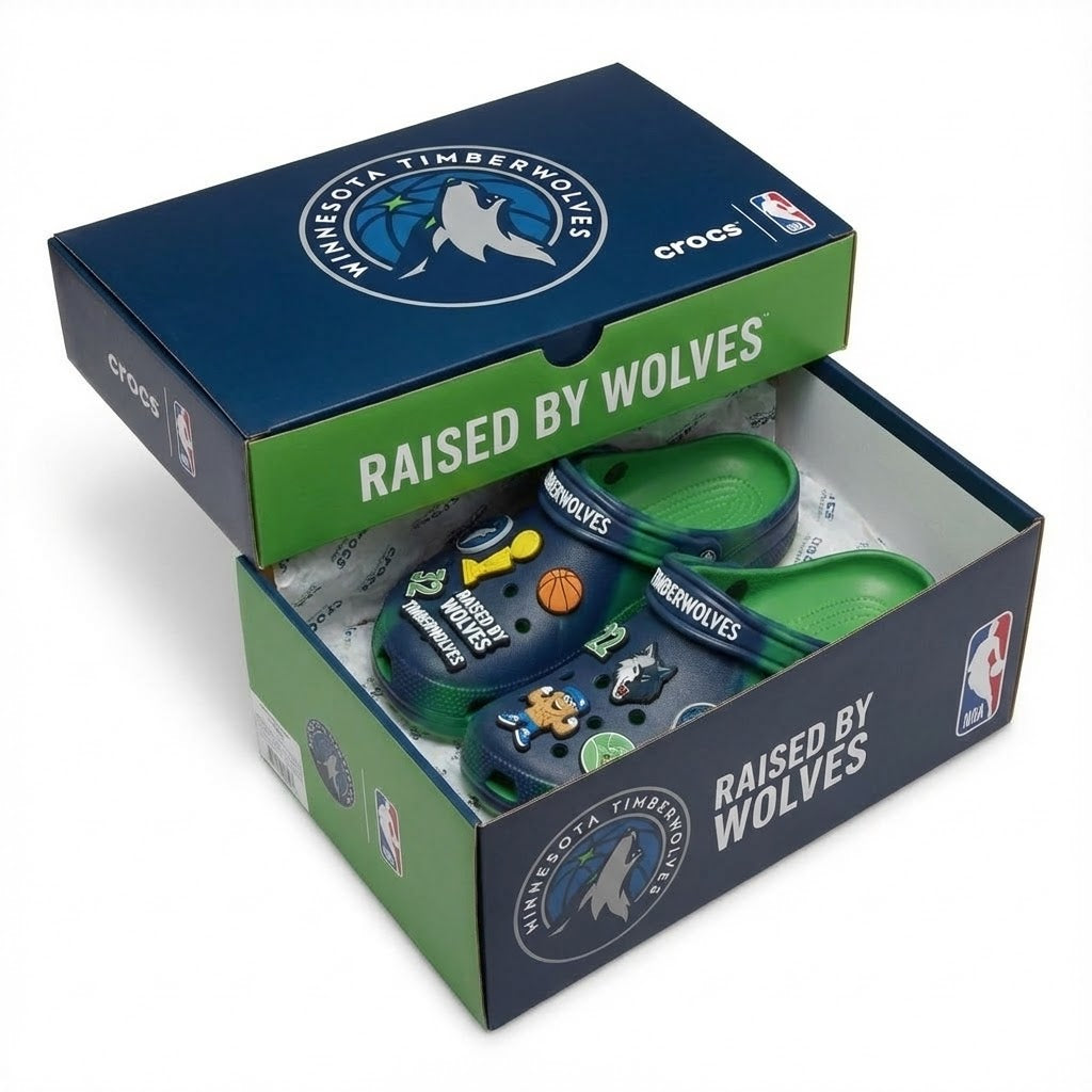 Minnesota Timberwolves NBA Crocs Clogs – “Raised By Wolves” Green Blue Ferocious Fan Footwear - LeagueLockerGear