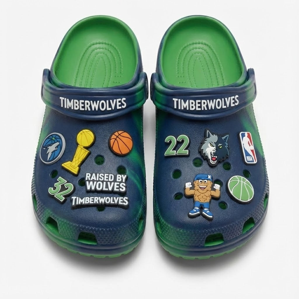 Minnesota Timberwolves NBA Crocs Clogs – “Raised By Wolves” Green Blue Ferocious Fan Footwear - LeagueLockerGear