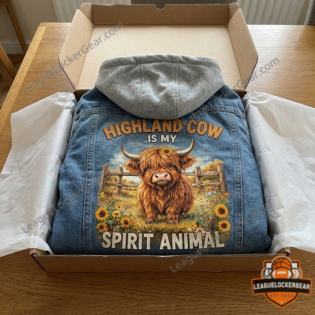 Highland Cow Is My Spirit Animal Custom Hooded Denim Jacket - LeagueLockerGear