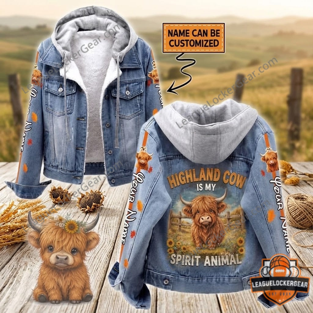 Highland Cow Is My Spirit Animal Custom Hooded Denim Jacket - LeagueLockerGear